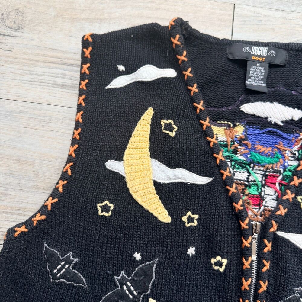 Vintage Halloween Sweater Vest Medium Pumpkin Bat Moon Tree 90s Novelty Knit - Picture 3 of 10